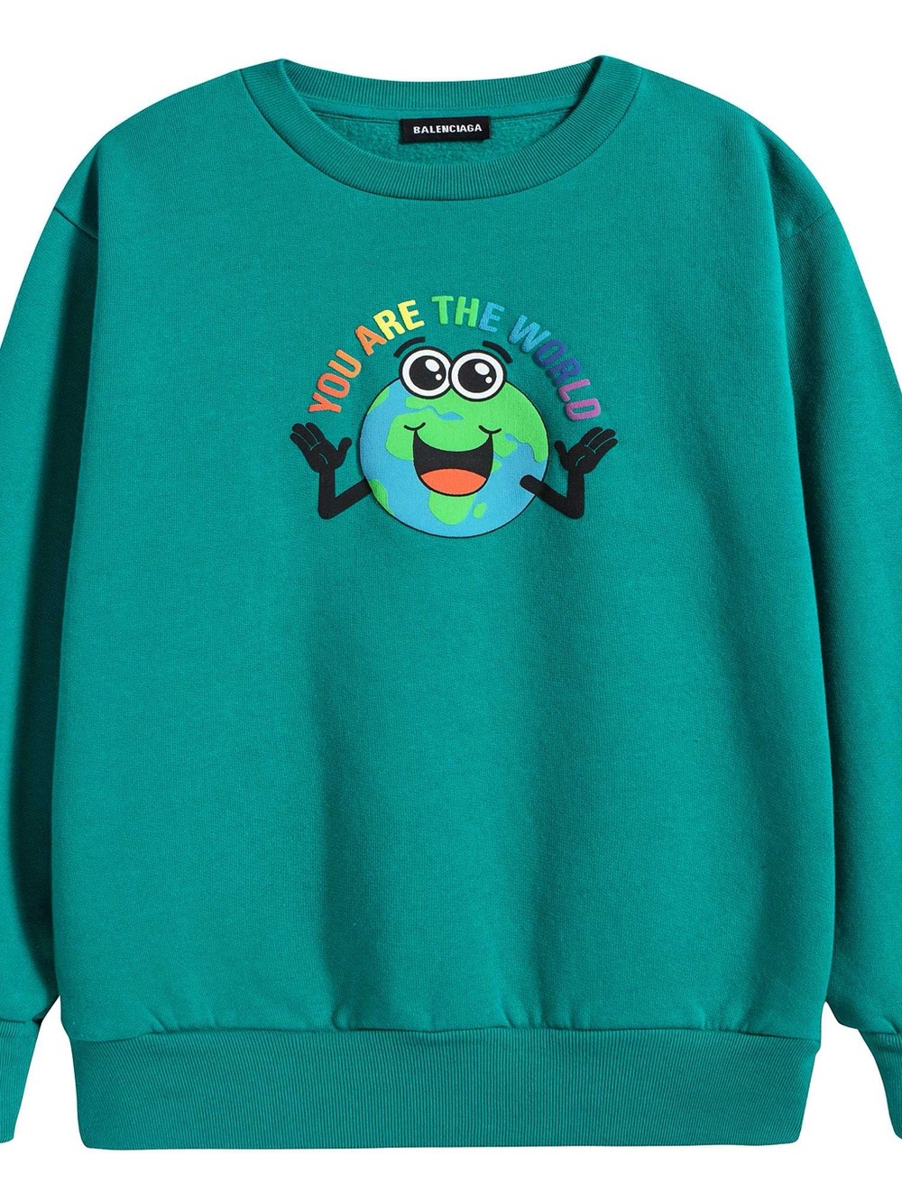 Balenciaga Kids Teal Crewneck Sweatshirt with Rainbow Globe Graphic